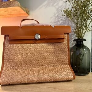 Brown and Tan Woven Handbag